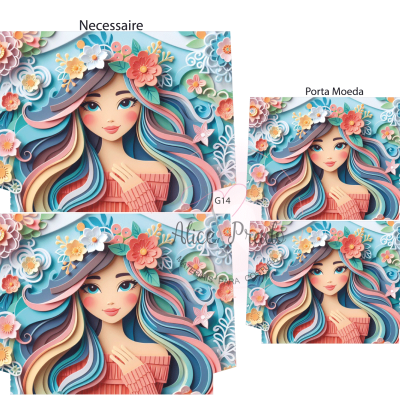 Necessaire e porta moeda com estampa de menina e flores coloridas 3D num fundo azul claro.