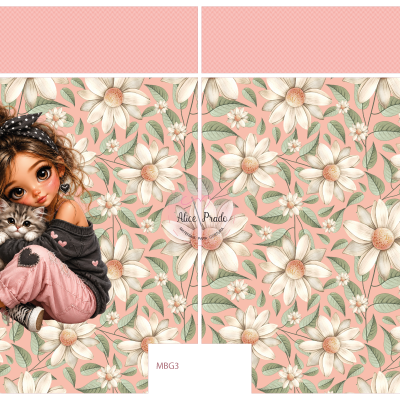 Padrão floral com ilustração de menina e gato