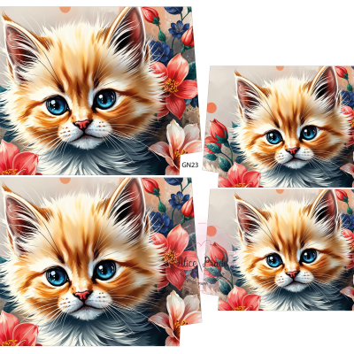 Rosto de gato e flores coloridas em fundo bege