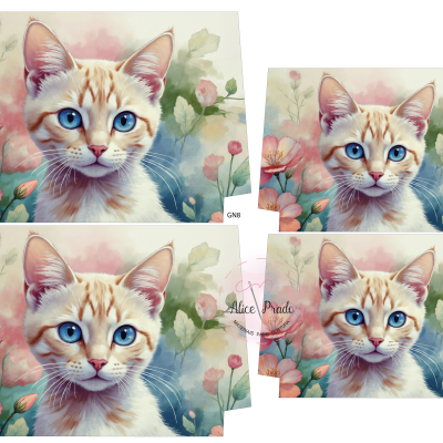 Tecido estampado com gato branco e castanho de olhos azuis sobre fundo floral cor-de-rosa e verde