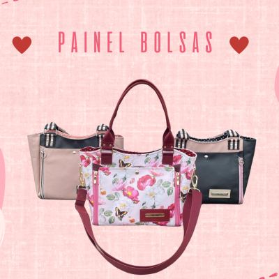 Três bolsas coloridas em fundo rosa com texto PAINEL BOLSAS