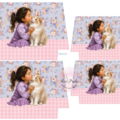 menina a beijar gato branco com fundo floral lilás e base quadriculada rosa