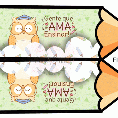 Marcador de livros em formato de lápis com coruja e texto em português