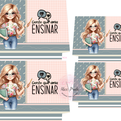 Canecas com desenho de mulher loira com livros e texto GENTE QUE AMA ENSINAR