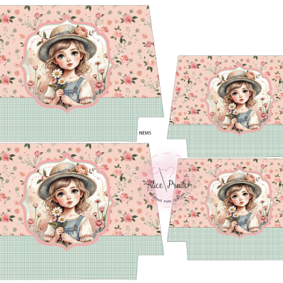 Caixas de papel com estampa floral e ilustração de menina com flores