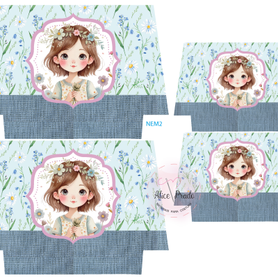 Moldes para caixa de papel com padrão floral azul e ilustração de menina com coroa de flores.