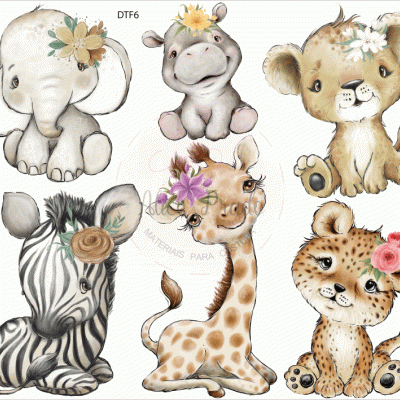 Ilustração de cinco animais bebés com flores e texto MATERIAIS PARA