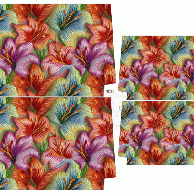 Quatro tecidos florais coloridos com etiqueta ND23 sobre fundo branco