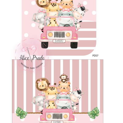 Ilustração animais de desenho animado num carro rosa com fundo rosa às bolinhas e riscas