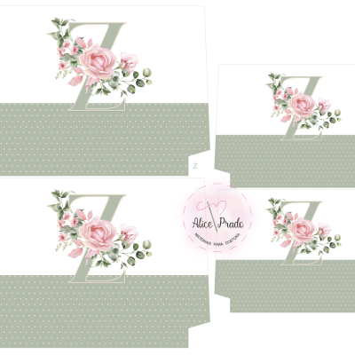 Embalagens de papel com padrão floral e letra Z grande, design em cinza e rosa