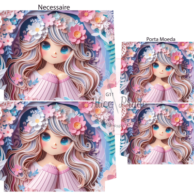 Necessaire e porta moeda com estampa de menina com flores e cores pastel