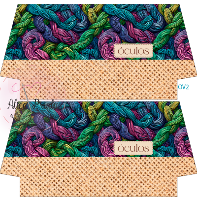 Caixa para óculos com padrão colorido de fios entrelaçados e etiqueta 