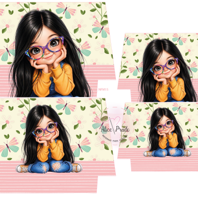 Ilustração de menina com óculos, cabelo preto e vestuário casual em fundo floral e riscas rosa
