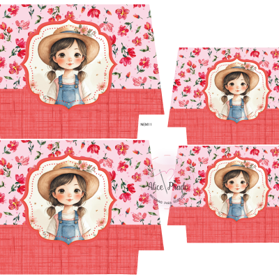 Caixa de papelão com padrão floral e ilustração de menina com chapéu