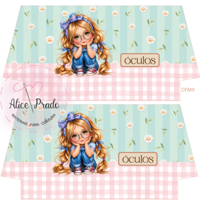 Tecido com ilustração de menina loira com óculos, fundo azul às riscas e flores, faixa rosa xadrez e texto óculos