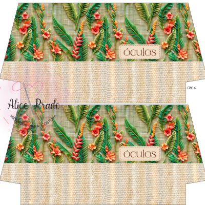 Design embalagem óculos folhas verdes e flores vermelhas com fundo bege e texto ÓCULOS