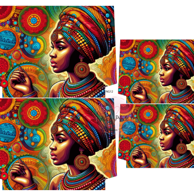 Retrato colorido de mulher africana com turbante e padrões circulares vibrantes