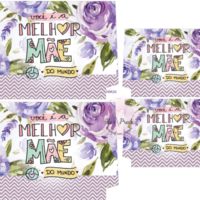 Embalagens decorativas com flores roxas e texto em português celebrando a mãe