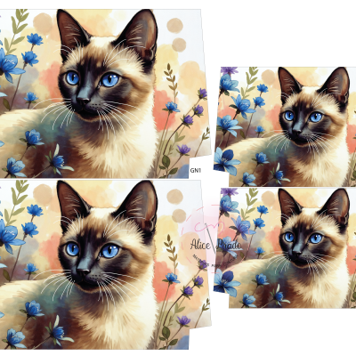 Impressões de tecidos com imagem de gato Siamês azul e flores