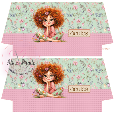 Caixa para óculos com desenho de menina ruiva de óculos e padrão floral