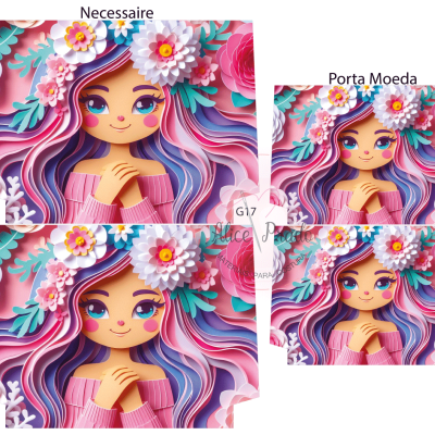 Nécessaire e porta-moedas coloridos com ilustração de rapariga e flores