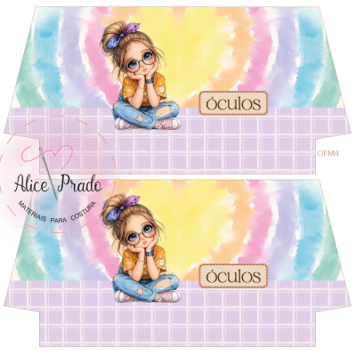 Tecido colorido para costura com ilustração de menina com óculos e fundo em aquarela colorida