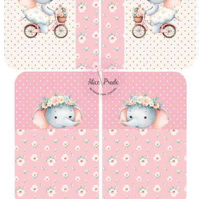 Impressão para tecido com elefante azul em bicicleta e padrões florais rosa e creme com bolinhas