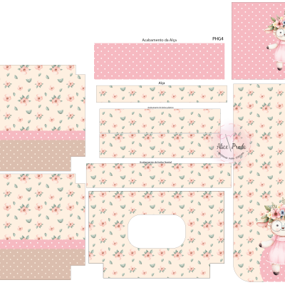 Folhas de papel com padrões florais e ilustração de cordeiro para montagem de saco
