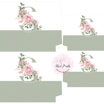 Moldes de embalagem com flores rosas, letra E cinza, fundo verde com pontos brancos e marca Alice Prates