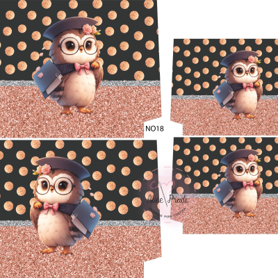 Embalagem dobrável com desenho de coruja académica e padrão de bolinhas cor de rosa