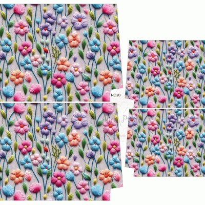 Tecido estampado com padrão de flores bordadas coloridas em fundo lilás claro