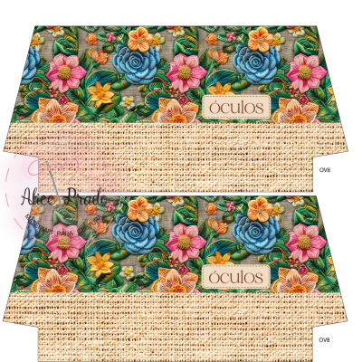 Padrão floral colorido com etiqueta escrito óculos e textura de juta