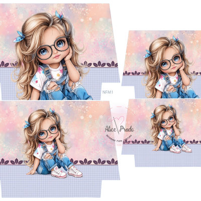 Padrões de costura com ilustração de menina loira de óculos e roupa casual sobre fundo rosa e azul quadriculado