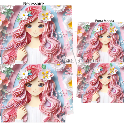 Produtos com estampa de rapariga de cabelo rosa rodeada de flores