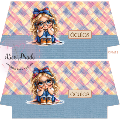 Tecido estampado com padrão xadrez e desenho de menina com óculos sentado.