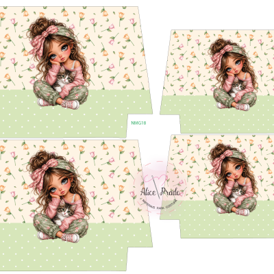 Painel de tecido para costura com ilustração de menina e gato sobre padrão floral