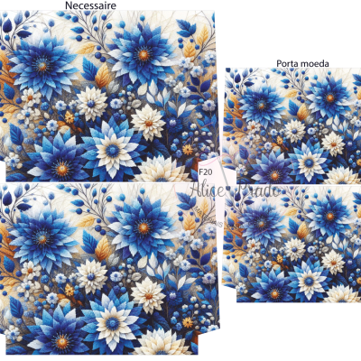 Conjunto de necessaire e porta moeda com padrão floral azul e branco