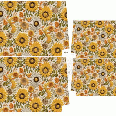 Toalhas de mesa com padrão de girassóis em amarelo e verde com etiqueta ND14