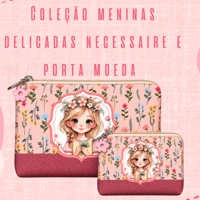 Bolsas porta-moedas florais com desenho de menina e zíper dourado com pingente de flor.