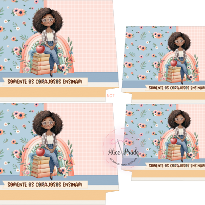 Cadernos escolares com capa ilustrada por rapariga sentada em pilha de livros, fundo floral e texto 'SOMENTE OS CORAJOSOS ENSINAM'.