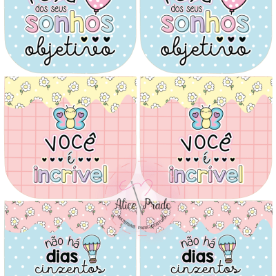 Etiquetas coloridas decorativas para artesanato com mensagens inspiradoras em português e padrões de flores, bolinhas, corações e borboletas.