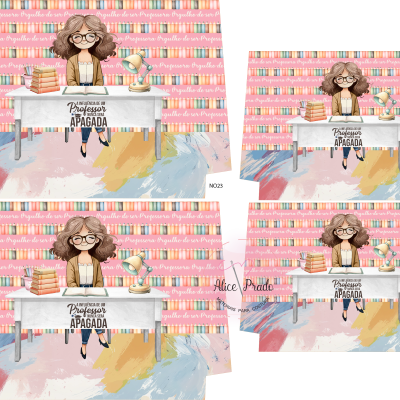 Estampados com desenho de professora em secretária branca, livros, luminária e padrão colorido