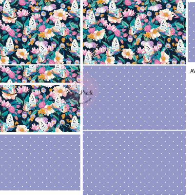 Tecidos com padrão floral e borboletas e padrão de bolinhas brancas em fundo azul-lilás