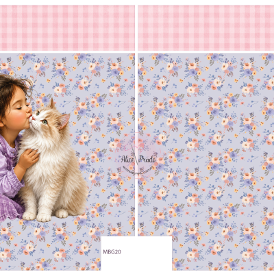 tecidos rosa xadrez e lilás floral com menina a beijar gato branco e bege