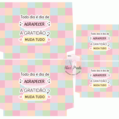 Embalagens de papel com padrão xadrez e texto motivacional em português