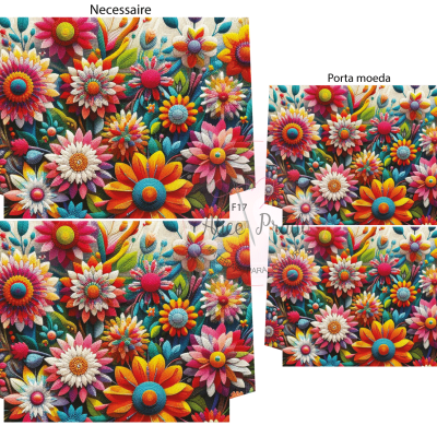 Conjunto de produtos com padrão florido colorido e texto identificativo