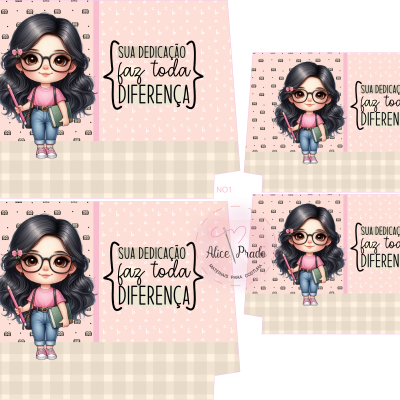 Etiquetas com ilustração de menina e texto motivacional em fundo rosa e xadrez bege