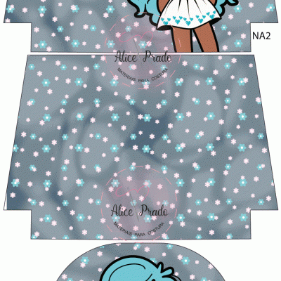 Padrão de tecido cinza com flores e ilustração de menina com cabelo azul e vestido branco