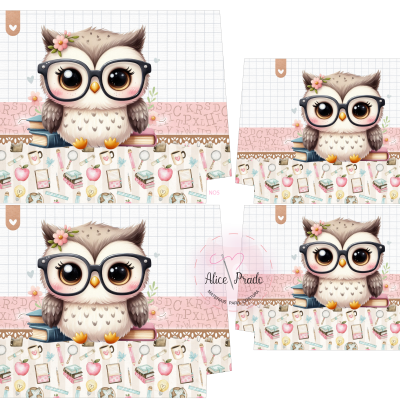 Moldes para caixas de papel com design colorido de coruja e ícones escolares