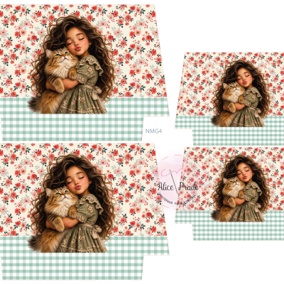 Caixas de papel com padrão floral e xadrez, imagem de menina com gato e código NMG4